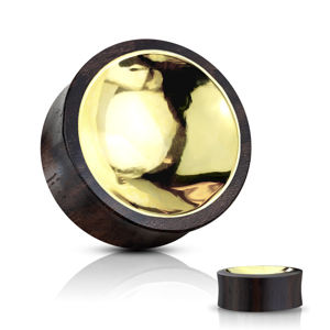 Plug do ucha z drewna Sono w kolorze brązowo-czarnym - kółko złotego koloru - Szerokość: 25 mm
