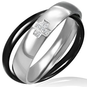 Podwójny pierścionek ze stali - czarny i srebrny, krzyżyk - Rozmiar : 46