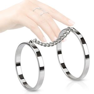 Podwójny pierścionek ze stali, rodowane obrączki połączone łańcuszkiem - Rozmiar : 56