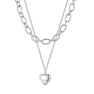 Podwójny stalowy naszyjnik - wypukłe asymetryczne serce, srebrny kolor