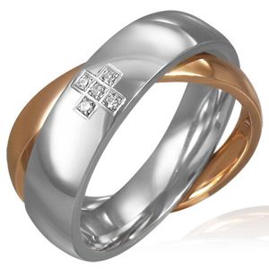 Podwójny stalowy pierścionek - cyrkoniowy krzyż, złoty i srebrny - Rozmiar : 56