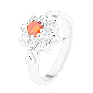 Połyskliwy pierścionek z kwiatkiem i listkami, cyrkonie pomarańczowego i bezbarwnego koloru - Rozmiar : 49