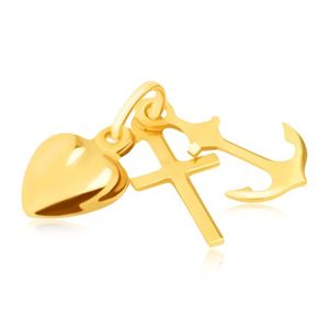 Potrójny wisiorek z żółtego złota 14K - kotwica, serce i krzyż, lśniące i gładkie