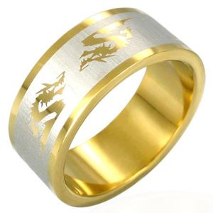 Pozłacany stalowy pierścionek chiński smok - Rozmiar : 61