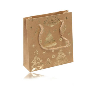 Prezentowa papierowa torebka - kolor brązowo-złoty, motyw świąteczny, sznurki