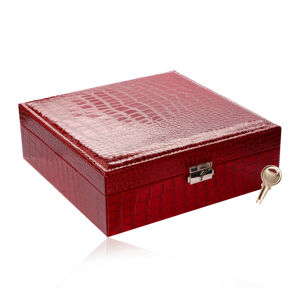 Prostokątna szkatułka na biżuterię w kolorze czerwonym - imitacja skóry krokodyla, klamra, klucz