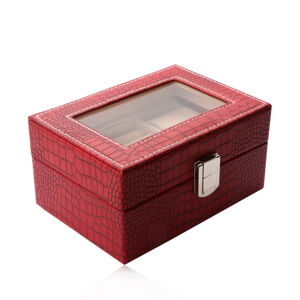 Prostokątna szkatułka na biżuterię w kolorze czerwonym - imitacja skóry krokodyla, klamra