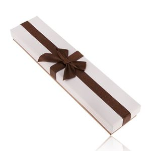 Prostokątne pudełeczko na bransoletkę i łańcuszek, biały i brązowy kolor, kokarda