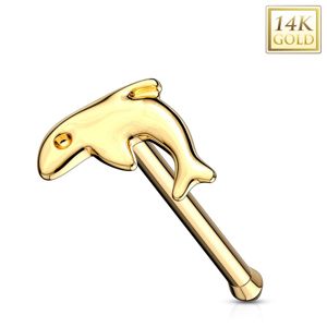 Prosty piercing do nosa z żółtego złota 585 - mały błyszczący delfin