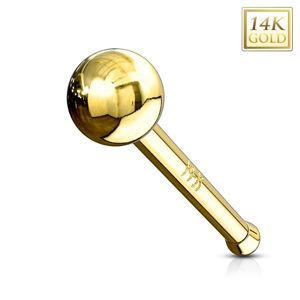 Prosty złoty 14K piercing do nosa - lśniąca gładka kuleczka, żółte złoto - Grubość kolczyka: 0,8 mm