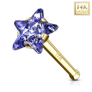 Prosty złoty 585 piercing do nosa - cyrkoniowa gwiazda w niebieskofioletowym odcieniu