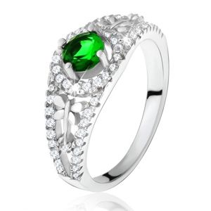Przezroczysty cyrkoniowy pierścionek z zielonym kamyczkiem, ważki, srebro 925 - Rozmiar : 52