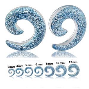 Przeźroczysty expander do ucha - spirala z niebieskim brokatem - Szerokość: 6 mm 