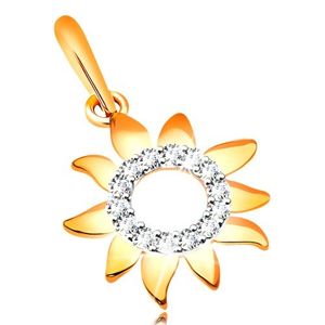 Przywieszka ze złota 375 - słonecznik z błyszczącymi liściami, cyrkoniowy okrąg