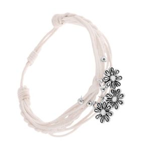 Regulowana bransoletka, białe sznurki, stalowe zawieszki - kwiatki