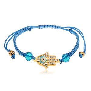 Regulowana bransoletka na rękę z niebieskich sznurków, symbol Hamsa, bezbarwne cyrkonie