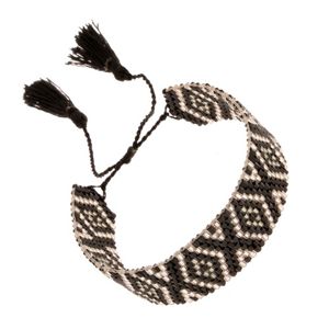 Regulowana bransoletka z koralików, wzór rombów, czarny i srebrny kolor