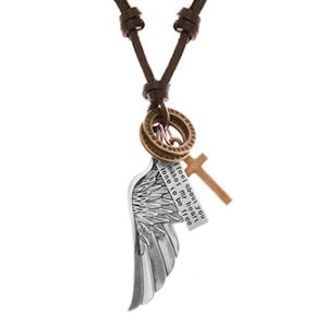 Regulowany skórzany naszyjnik, zawieszki - anielskie skrzydło, kółka, krzyż i blaszka