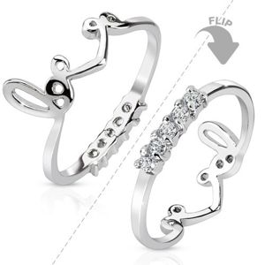 Rodowany pierścionek srebrnego koloru, dwustronny, pas przezroczystych cyrkonii, napis "love" - Rozmiar : 45