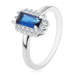 Rodowany pierścionek, srebro 925, prostokątna niebieska cyrkonia, bezbarwna cyrkoniowa oprawa - Rozmiar : 50