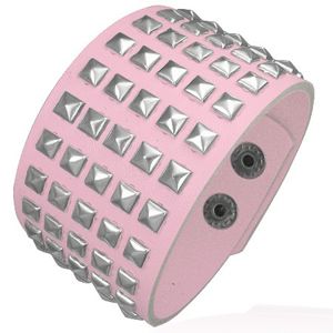 Różowa bransoletka ze sztucznej skóry - stalowe piramidy