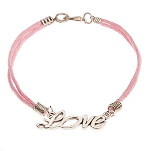 Różowa sznurkowa bransoletka, zawieszka srebrnego koloru - napis "Love"
