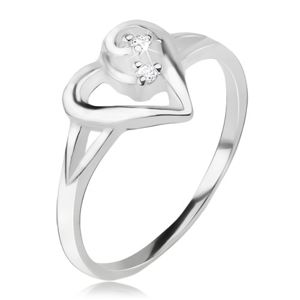 Serduszkowy pierścionek, zarys asymetrycznego serca, przezroczyste kamyczki, srebro 925 - Rozmiar : 53