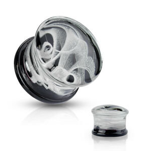 Siodłowy plug do ucha Pyrex szkło - biały dymny wzór z czarnym wykończeniem - Szerokość: 16  mm