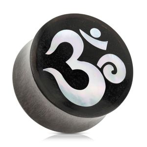 Siodłowy plug do ucha z drewna czarnego koloru, duchowy symbol jogi OM - Szerokość: 19 mm