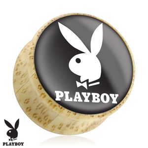 Siodłowy plug do ucha z naturalnego drewna, zajączek Playboy, czarne tło - Szerokość: 10 mm