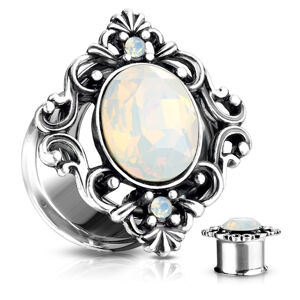 Siodłowy tunel do ucha srebrnego koloru, owalny syntetyczny opal, filigran - Szerokość: 8 mm