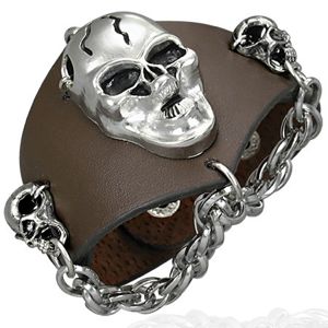 Skórzana bransoletka - wściekłe czaszki, łańcuszek, brązowa