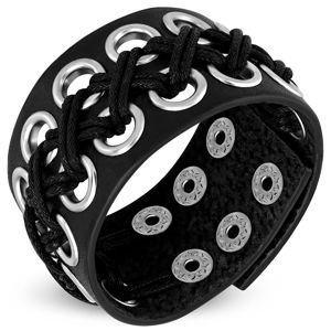 Skórzana bransoletka czarnego koloru - przeplatane pierścienie, zapięcie na zatrzask