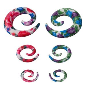 Spirala do ucha - kolorowy kwiatowy wzór - Szerokość: 6 mm , Kolor kolczyka: Zielony
