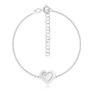 Srebrna 925 bransoletka - płaskie serce z wygrawerowanym sercem, przezroczysty diament
