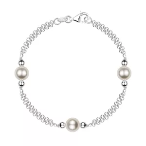 Srebrna 925 bransoletka - podwójny łańcuszek, kuleczki, syntetyczne perły