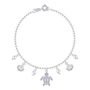 Srebrna 925 bransoletka - żółw, muszla, białe syntetyczne perły, przezroczyste cyrkonie