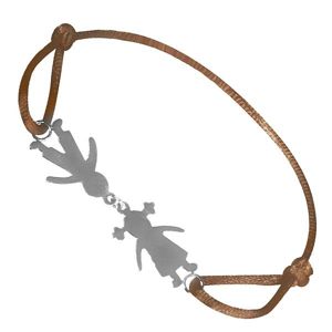 Srebrna bransoletka 925 - brązowy sznurek z chłopcem i dziewczynką