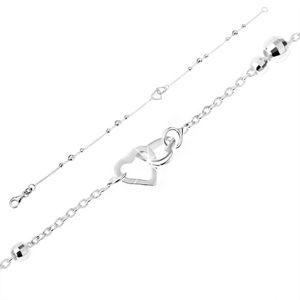 Srebrna bransoletka 925 - drobny łańcuszek z lśniącymi kuleczkami, zarysy serc
