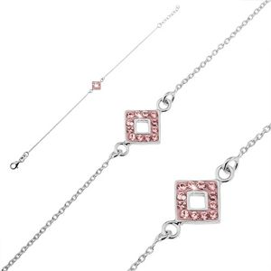 Srebrna bransoletka 925 - łańcuszek z kwadratem i różowami cyrkoniami