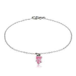 Srebrna bransoletka 925 - niedźwiadek ozdobiony różowym szkliwem, błyszczący łańcuszek
