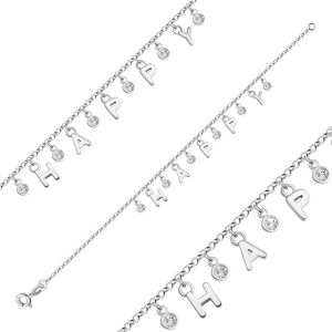 Srebrna bransoletka 925 - litery tworzące napis „HAPPY”, okrągłe przezroczyste cyrkonie