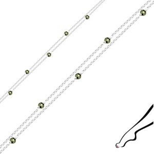 Srebrna bransoletka 925 na kostkę - podwójny łańcuszek, oliwkowo zielone piryty