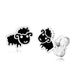 Srebrne 925 kolczyki - czarna owieczka ozdobiona błyszczącą emalią, sztyft
