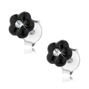 Srebrne 925 kolczyki, czarny kwiatek, kryształ Swarovski bezbarwnego koloru