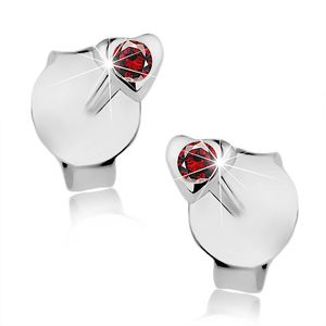Srebrne 925 kolczyki, drobne serduszko, okrągły czerwony kryształ Swarovski