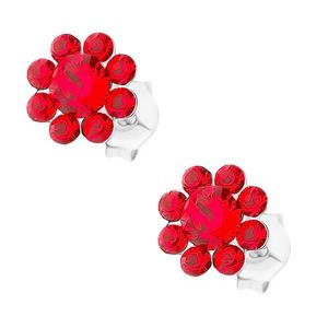 Srebrne 925 kolczyki, kwiatek z czerwonych kryształków Preciosa