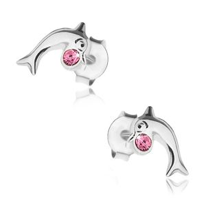 Srebrne 925 kolczyki, lśniący delfin z różowym kryształkiem Swarovski