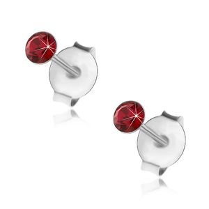 Srebrne 925 kolczyki, okrągły ciemnoczerwony kryształek Swarovskiego, 3 mm