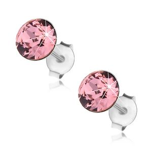 Srebrne 925 kolczyki, okrągły Swarovski kryształ różowego koloru, 6 mm